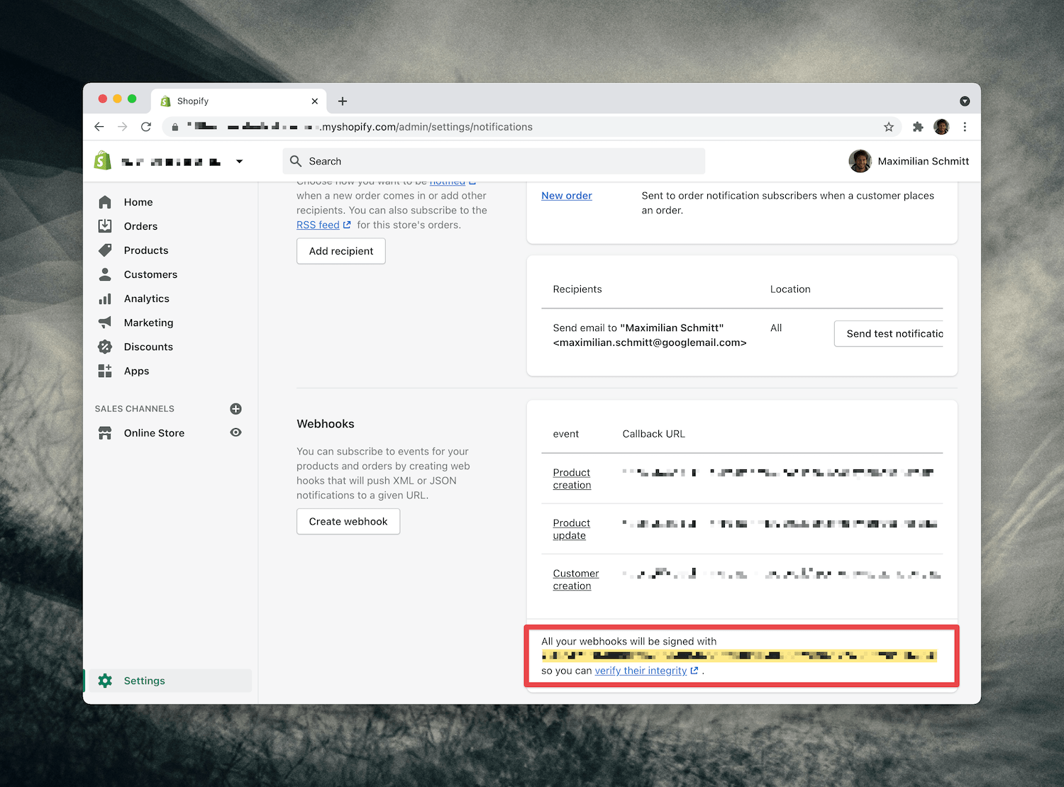 Screenshot of the webhook signature secret in Shopify notification settings
