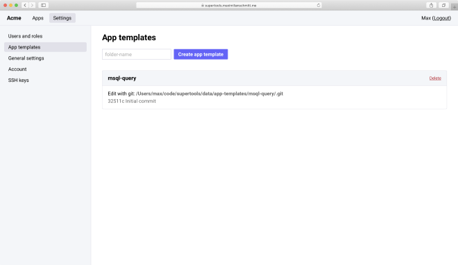 Web app running in Safari showing a settings screen for app templates