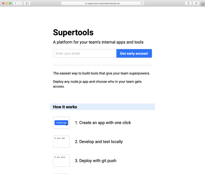A simple and friendly landing page for Supertools running in Safari