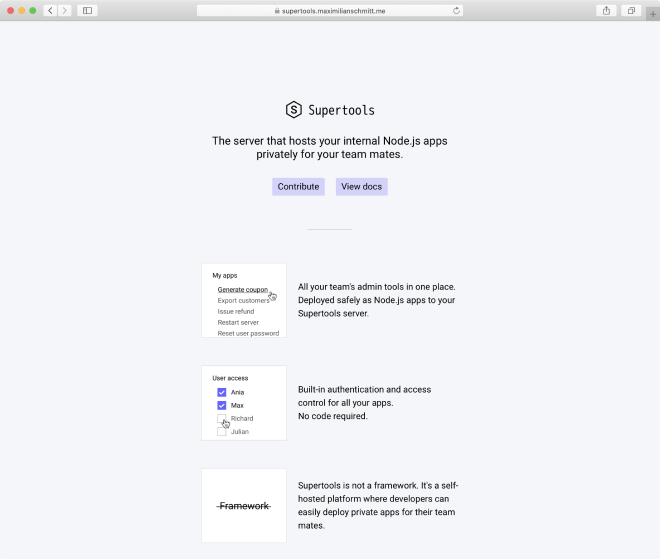 An simple landing page for Supertools running in Safari